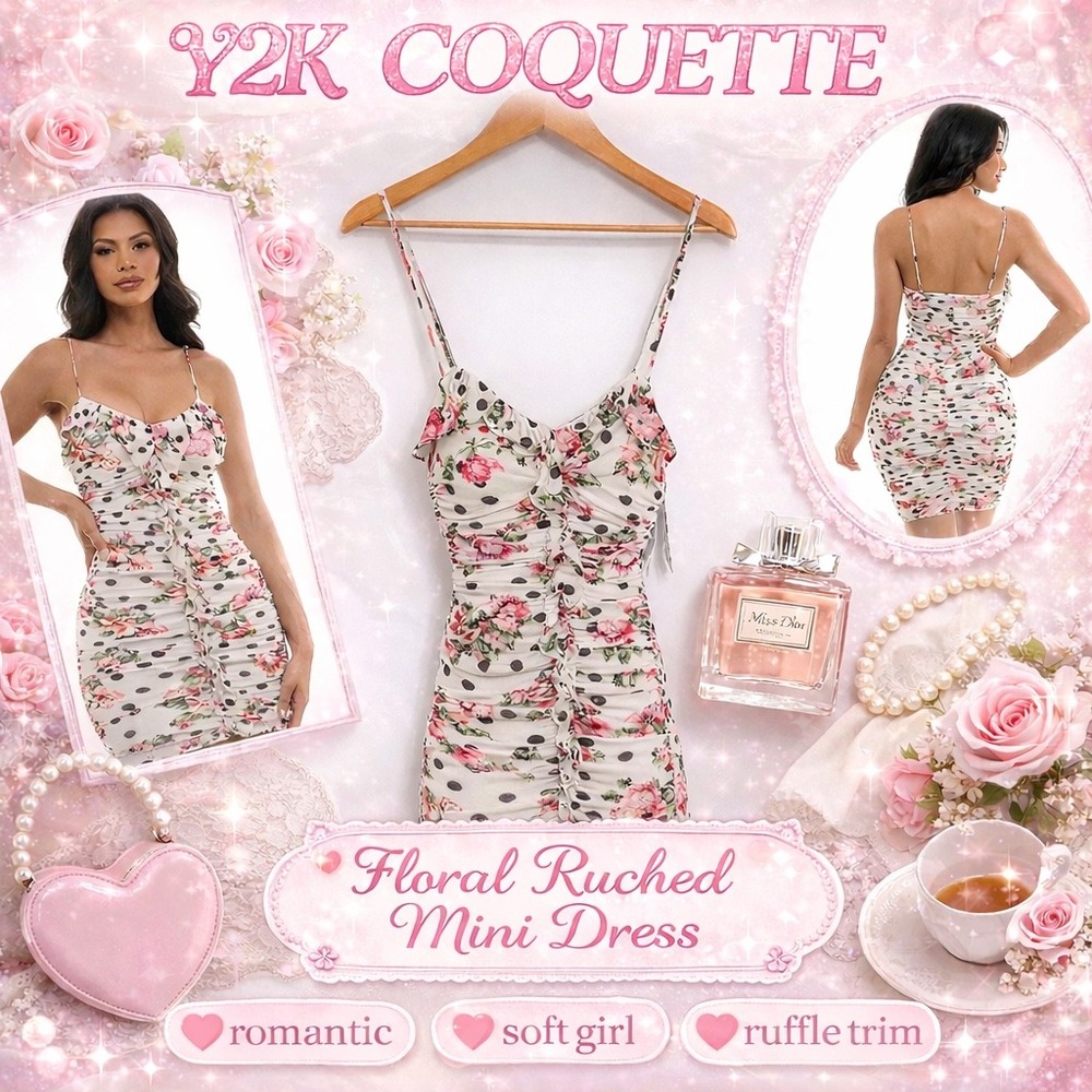 Size Medium Y2K Coquette Floral‎ Polka Dot Ruched Mini Dress Ruffle Trim NWT